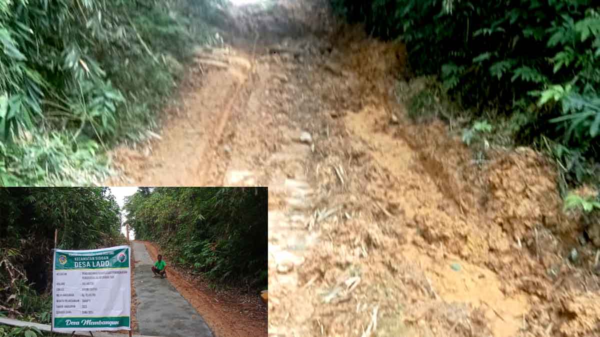 Jalan Usaha Tani (JUT) Desa Lado, Kecamatan Sidoan, Parigi Moutong. Foto kiri bawah memperlihatkan kondisi jalan rabat saat baru selesai dibangun menggunakan Dana Desa tahun anggaran 2023. Sementara foto utama menunjukkan kondisi jalan yang kini rusak parah akibat dilalui alat berat tambang ilegal, hingga berubah menjadi kubangan lumpur dan tidak bisa lagi dimanfaatkan petani. Foto: Konteks Sulawesi