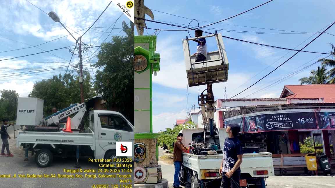 Petugas Bagian Umum Setda Parimo melakukan perbaikan lampu penerangan jalan umum (PJU) di wilayah dalam kota Parigi menggunakan mobil sky lift, Rabu (24/9/2025). Perbaikan difokuskan di kawasan perkotaan agar segera dinikmati warga. Foto: Tommy Noho