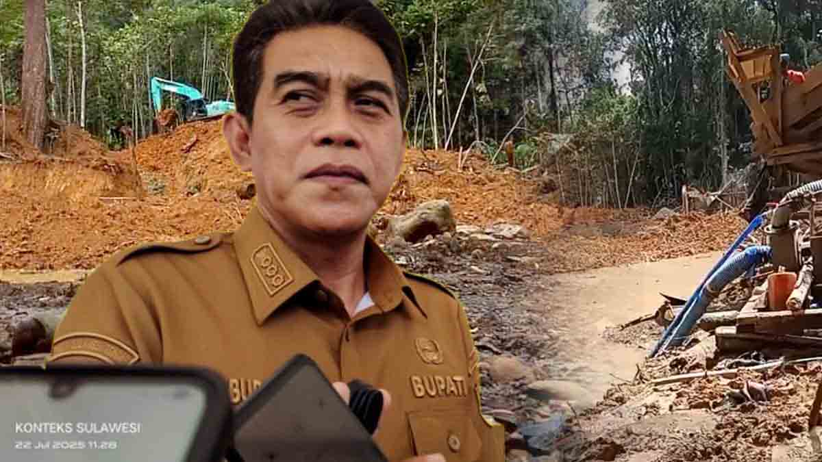 Bupati Parigi Moutong Erwin Burase saat diwawancarai media usai meninjau aktivitas tambang emas ilegal di wilayah Parigi Barat. Ia menegaskan, penambangan tanpa izin di Desa Sipayo, Kecamatan Sidoan, harus segera ditutup. Foto: Konteks Sulawesi.