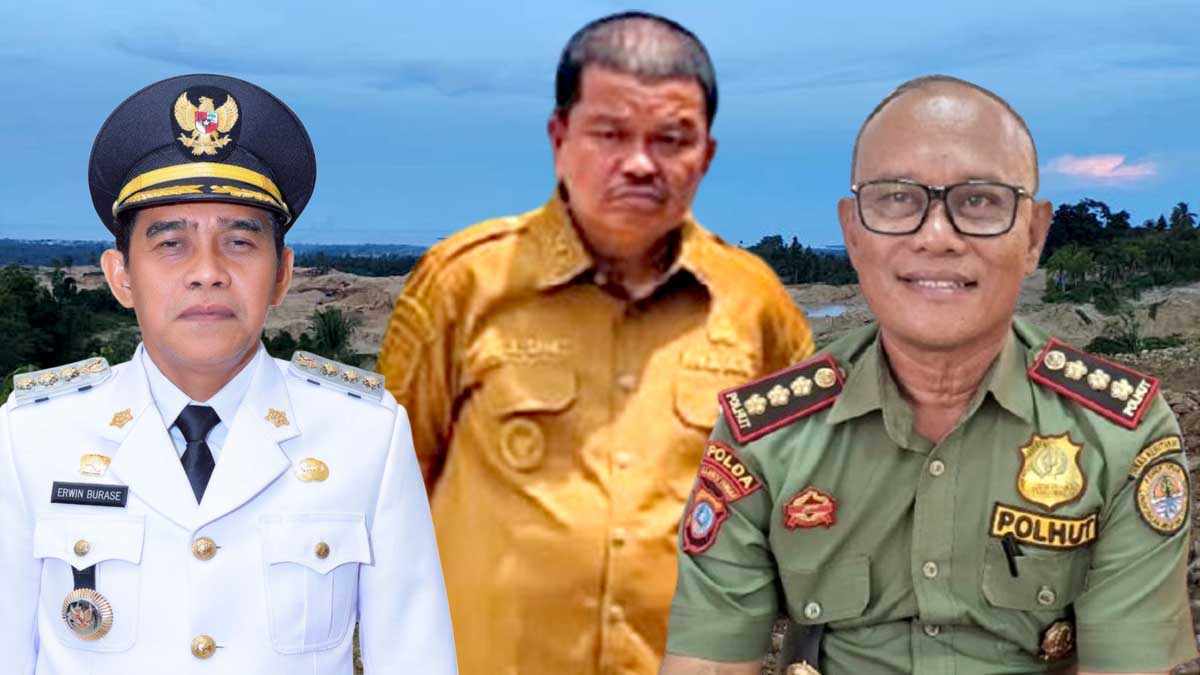 Foto: Dok. Konteks Sulawesi Bupati Parigi Moutong Erwin Burase (kiri), Wakil Bupati Abdul Sahid (tengah), dan Kepala UPT KPH Dolago Tanggunung Mukmin Muharam (kanan) dengan latar area tambang Kayuboko. status izin pertambangan rakyat (IPR) yang hingga kini belum diterbitkan dan masih menjadi sorotan publik. Foto: Dok. Konteks Sulawesi