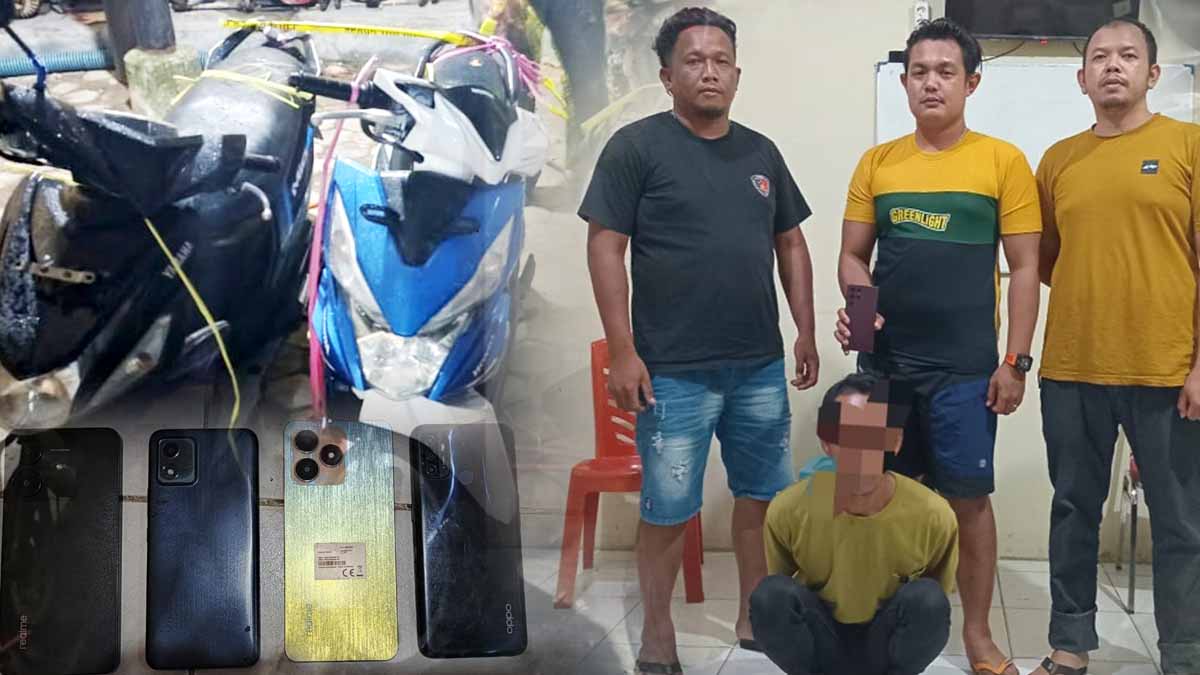 Tim Resmob Polres Parigi Moutong bersama personel Subsektor Parigi Utara saat mengamankan terduga pelaku pencurian sepeda motor dan handphone di Desa Toboli Barat. Terlihat sejumlah barang bukti berupa sepeda motor dan ponsel berbagai merek yang berhasil disita dari tangan pelaku. Foto: Humas Polres/Konteks Sulawesi