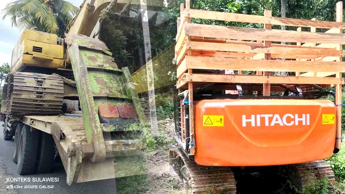 Dua unit alat berat jenis ekskavator yang diduga digunakan untuk aktivitas tambang ilegal di kawasan pegunungan Desa Sipayo, Kecamatan Sidoan, Kabupaten Parimo. Salah satunya bermerek Hitachi dengan modifikasi pagar kayu di atasnya untuk mengangkut bahan bakar. Foto: Konteks Sulawesi