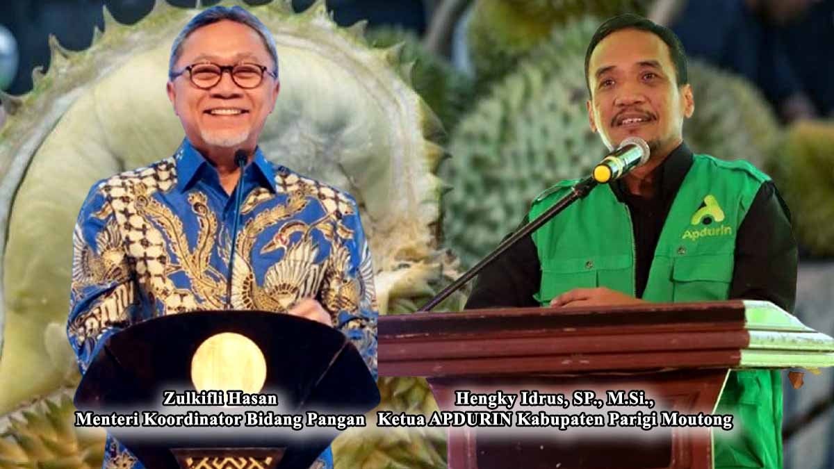 Keterangan Foto: Zulkifli Hasan, Menteri Koordinator Bidang Pangan (kiri), dan Hengky Idrus, SP., M.Si., Ketua APDURIN Kabupaten Parigi Moutong (kanan), saat menyampaikan pandangan terkait penguatan posisi Indonesia sebagai negara durian dunia. Mereka menegaskan pentingnya produksi nasional dan kesiapan daerah dalam mendukung rantai ekspor durian Nusantara. Foto: Dok. Konteks Sulawesi
