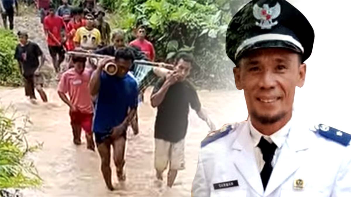 Keterangan Foto: Warga Desa Sidoan Barat, Kecamatan Sidoan, Parigi Moutong, menandu warga sakit menembus jalan berlumpur menuju fasilitas kesehatan. Di sebelah kanan, Kepala Desa Sidoan Barat, Sarman, yang terus memperjuangkan pembangunan akses jalan menuju dua dusun terpencil, Sija dan Oloan. (Foto: Istimewa/Konteks Sulawesi)
