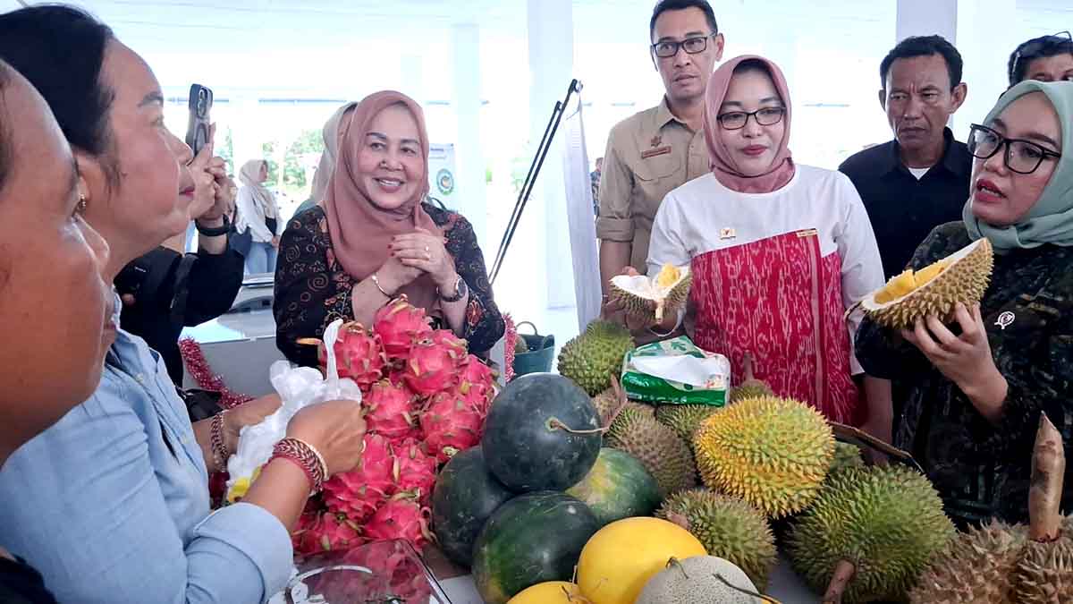 Keterangan Foto: Ketua Kadin Parimo, Faradiba Zaenong, memperlihatkan durian yang telah dibuka serta deretan komoditas unggulan lainnya seperti naga, semangka, dan melon kepada Wakil Menteri Koperasi dan UKM Farida Farichah dalam rangkaian kegiatan peresmian pasar dan promosi produk pertanian daerah. Foto: Mabin