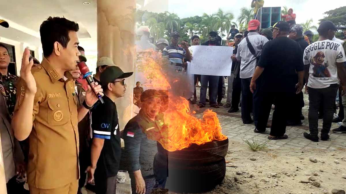 Keterangan Foto: Bupati Parigi Moutong, Erwin Burase, menyampaikan pernyataan di hadapan massa nelayan pesisir Teluk Tomini saat aksi unjuk rasa di halaman Kantor Bupati Parimo, Senin (22/12/2025). Aksi tersebut memprotes pemutusan rumpon nelayan yang diduga terkait kegiatan Survei Seismik 3D Gorontalo Offshore. Tampak massa aksi menyalakan api sebagai simbol penolakan dan tuntutan penghentian survei di perairan Teluk Tomini. Foto: Tommy Noho
