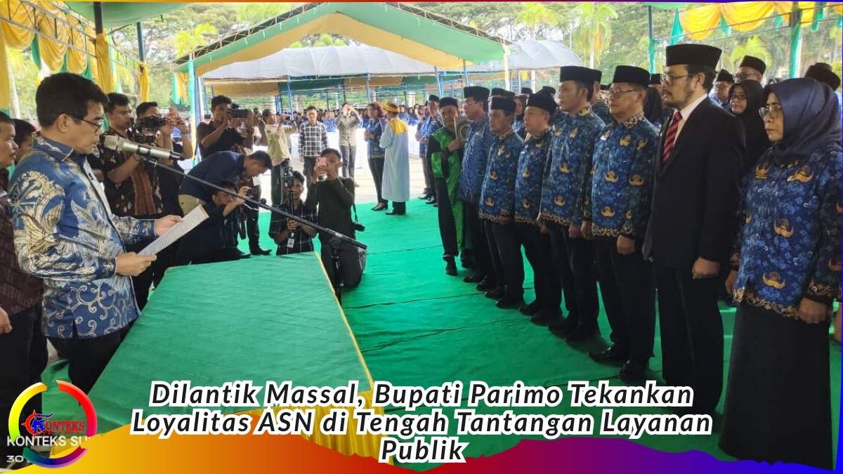 Keterangan Foto: Bupati Parigi Moutong Erwin Burase (tengah) melantik dan mengukuhkan pejabat struktural serta PPPK paruh waktu di lingkup Pemkab Parimo. Pelantikan ini diklaim sebagai upaya penguatan birokrasi, di tengah tuntutan peningkatan kinerja dan pelayanan publik yang masih disorot warga. Foto: Basrul Idrus