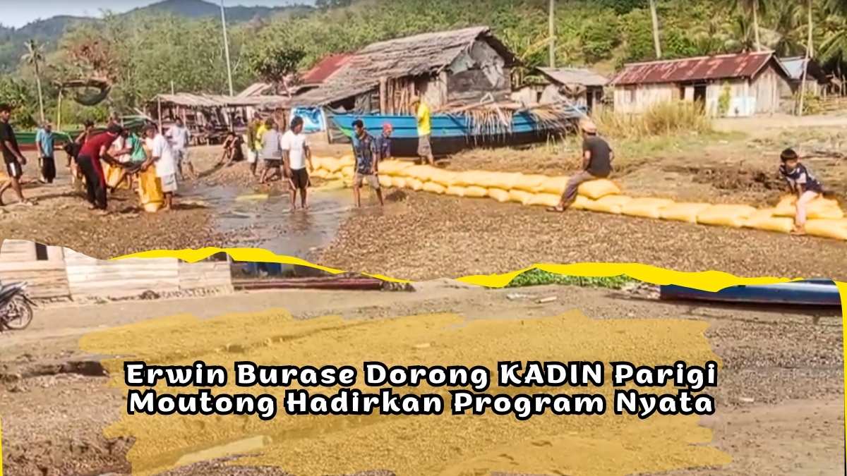 Keterangan Foto: Warga Desa Sintuwu Raya, Kabupaten Parigi Moutong, Sulawesi Tengah, bergotong royong menyusun karung berisi pasir sebagai tanggul darurat untuk menahan abrasi pantai, Ahad (25/1/2026). Upaya swadaya ini dilakukan di tengah belum adanya pembangunan pemecah ombak permanen dari pemerintah, sementara garis pantai terus tergerus dan mengancam permukiman warga. Foto: Iskandar Miu