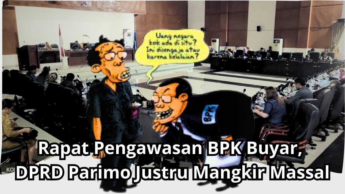 Keterangan Foto: Suasana ruang rapat paripurna DPRD Kabupaten Parigi Moutong tampak lengang saat agenda pengawasan Laporan Hasil Pemeriksaan (LHP) BPK gagal dilanjutkan akibat tidak terpenuhinya kuorum. Ilustrasi karikatural dalam gambar merepresentasikan kritik publik terhadap absennya mayoritas anggota DPRD dalam rapat krusial yang menyangkut pengawasan belanja daerah. Foto: Dok Konteks Sulawesi