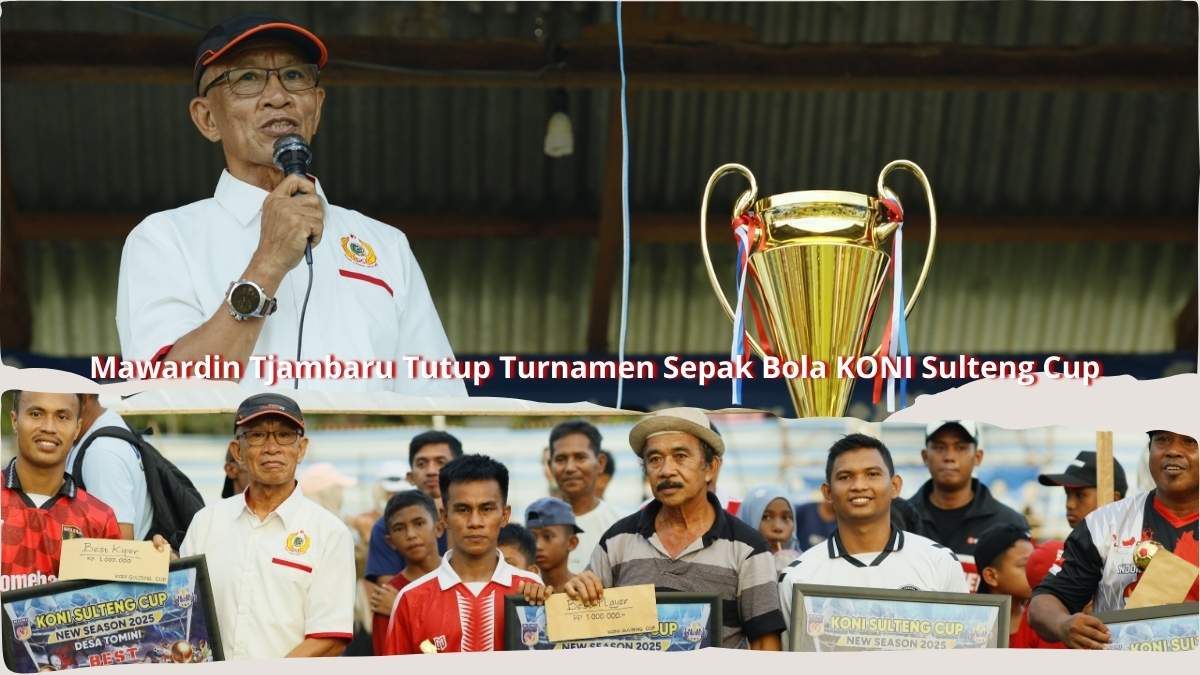 Keterangan Foto: Wakil Ketua Umum KONI Kabupaten Parigi Moutong, Mawardin Tjambaru, menyampaikan sambutan sekaligus menutup Turnamen Sepak Bola KONI Sulteng Cup di Lapangan Baturaja, Desa Tomini, Kecamatan Tomini. Usai laga final, Mawardin berfoto bersama para pemain dan perwakilan tim juara serta runner-up dengan latar trofi dan piagam penghargaan turnamen. Foto: Humas KONI