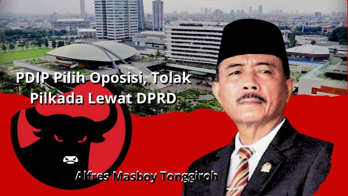 Keterangan Foto: Ketua DPC PDI Perjuangan Parigi Moutong, Alfres Masboy Tonggiroh, dengan latar kompleks parlemen dan simbol banteng PDIP. PDIP menyatakan memilih berada di luar pemerintahan dan menolak wacana pemilihan kepala daerah melalui DPRD, sebagaimana keputusan Rakernas I PDIP 2026. (KONTEKS SULAWESI)