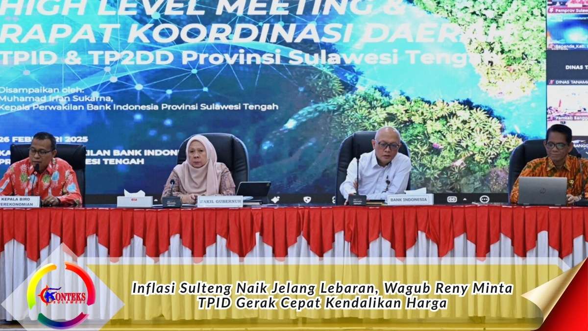 Keterangan foto: Wakil Gubernur Sulawesi Tengah, Reny A. Lamadjido, memimpin Rapat Koordinasi Daerah TPID dan TP2DD Provinsi Sulawesi Tengah di Gedung Pogombo, membahas langkah strategis pengendalian inflasi jelang Idul Fitri. Foto: Biro Adpim Setdaprov
