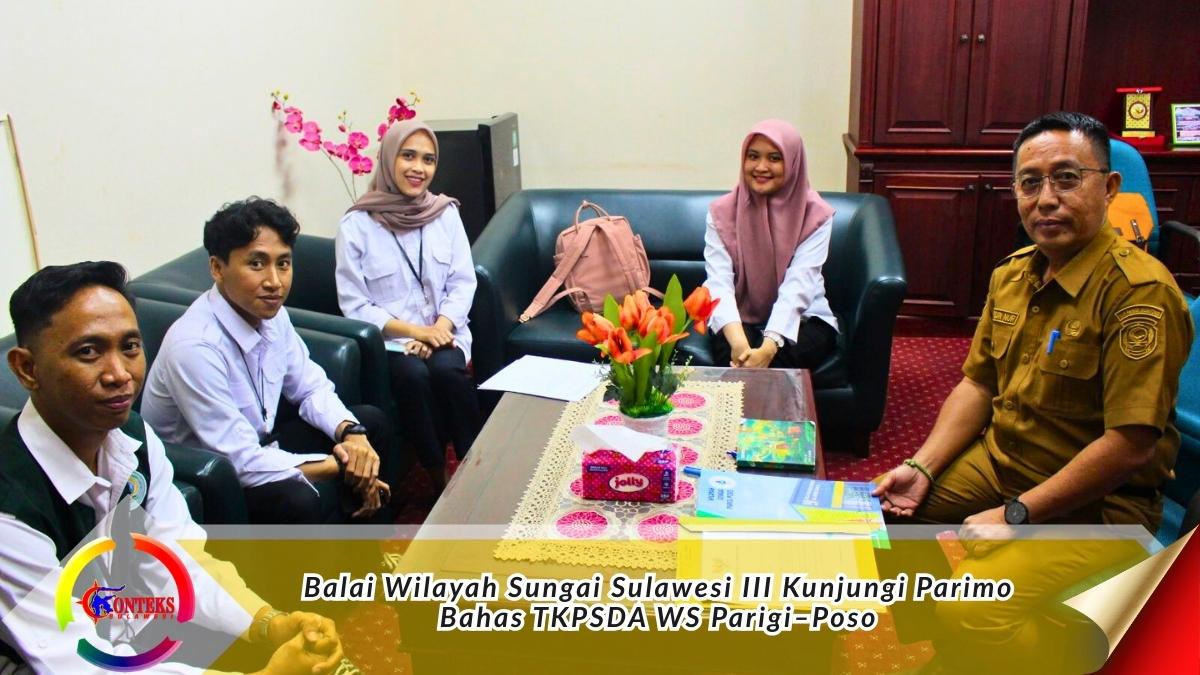 Keterangan foto: Asisten I Bidang Pemerintahan dan Kesejahteraan Rakyat Kabupaten Parigi Moutong, Adrudin Nur, menerima kunjungan kerja Tim Balai Wilayah Sungai Sulawesi III Palu di ruang kerjanya, Senin (23/2/2026). Pertemuan tersebut membahas koordinasi pembentukan Tim Koordinasi Pengelolaan Sumber Daya Air (TKPSDA) Wilayah Sungai Parigi–Poso periode 2026–2031. Foto: Diskominfo