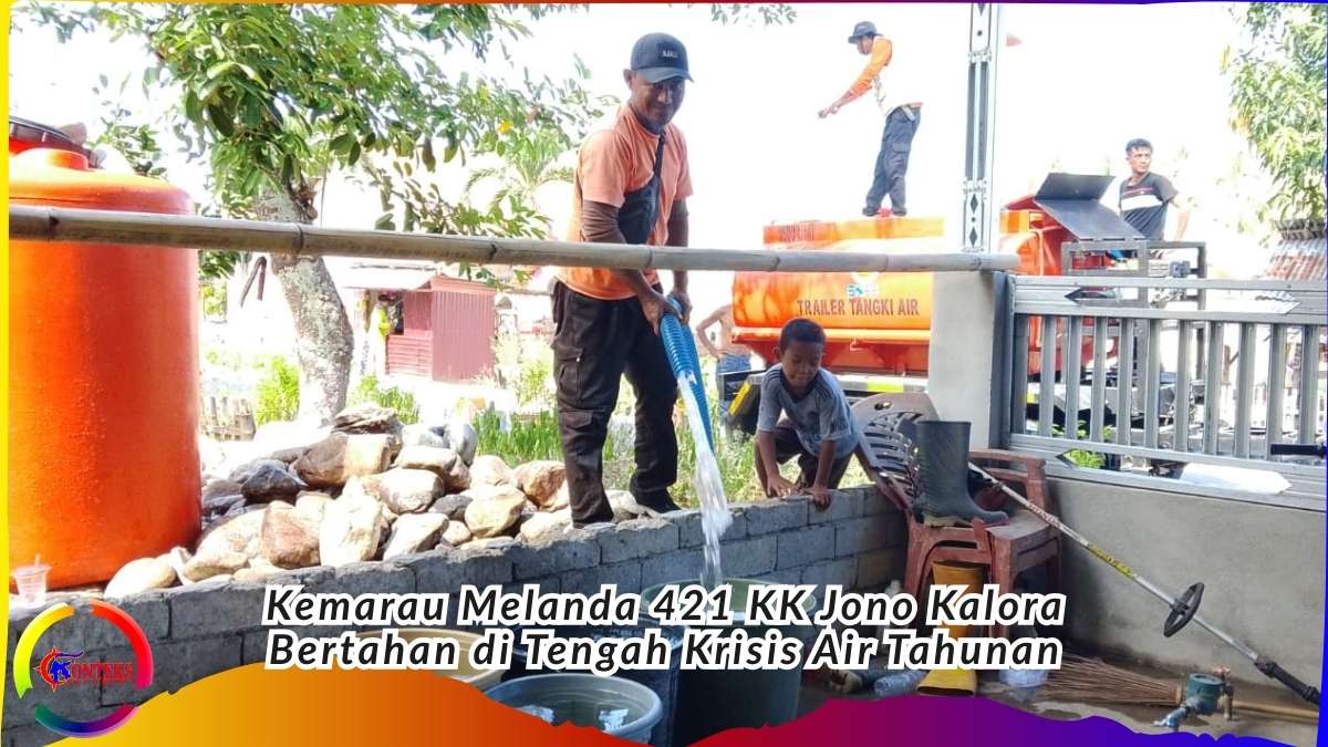 Keterangan Foto: Warga Desa Jonokalora, Kecamatan Parigi Barat, Parigi Moutong, menampung air dari distribusi darurat BPBD menggunakan trailer tangki, Rabu (4/2/2026). Kemarau panjang membuat sumber air utama warga mengering dan memaksa 421 kepala keluarga bergantung pada dropping air, krisis tahunan yang terus berulang tanpa solusi permanen dari pemerintah daerah. Foto: Dok. Konteks Sulawesi/Aid