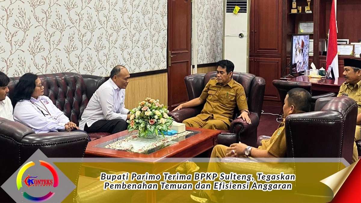 Keterangan foto: Bupati Parigi Moutong, Erwin Burase, didampingi jajaran pemerintah daerah saat menerima kunjungan Kepala BPKP RI Perwakilan Sulawesi Tengah di ruang kerja bupati, membahas pembenahan temuan pemeriksaan serta efisiensi pengelolaan anggaran daerah, Selasa (24/2/2026). Foto: Diskominfo