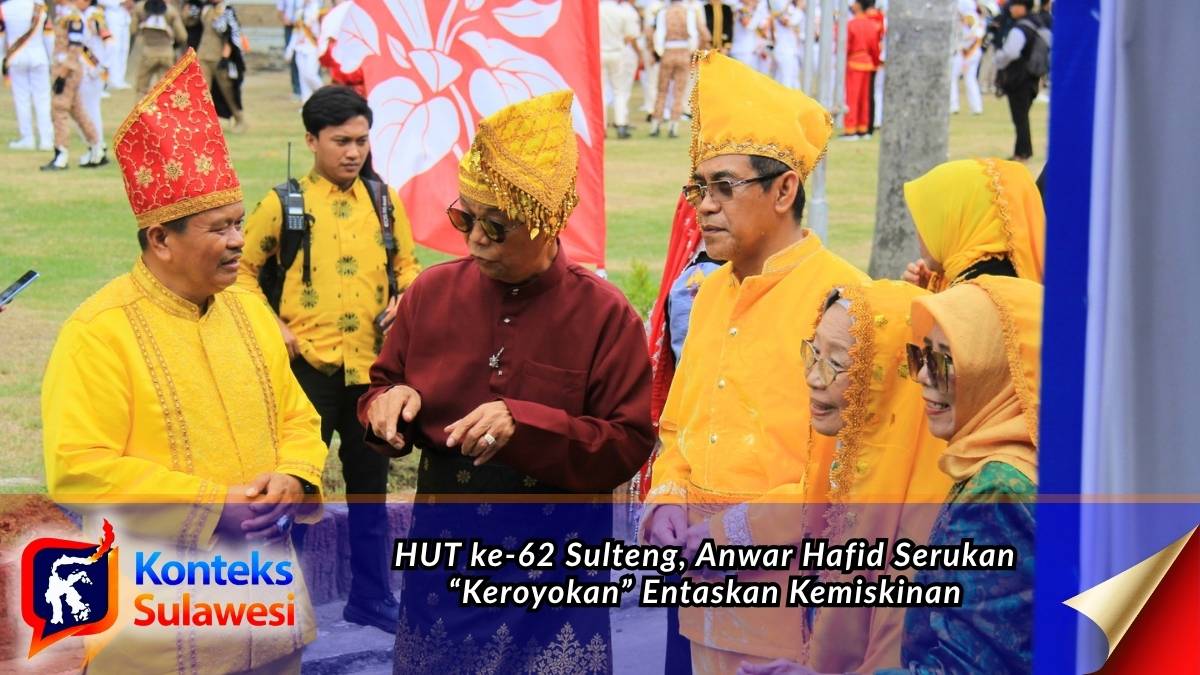 Gubernur Sulawesi Tengah, Anwar Hafid, berbincang bersama sejumlah kepala daerah dan tokoh saat peringatan HUT ke-62 Sulawesi Tengah di Kota Palu. Momentum ini dimanfaatkan untuk memperkuat sinergi lintas daerah dalam upaya bersama mengentaskan kemiskinan. Foto: Diskominfo