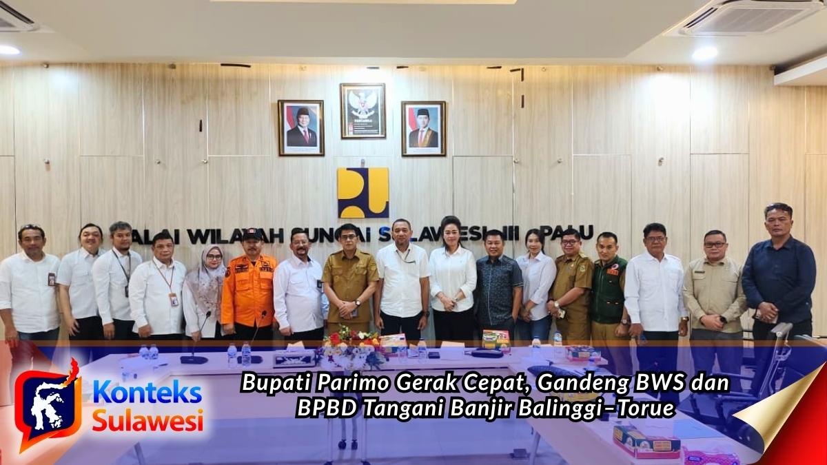 Bupati Parigi Moutong bersama jajaran pemerintah daerah, BWS Sulawesi III Palu, BPJN XIV Palu, dan BPBD Provinsi Sulawesi Tengah menggelar audiensi penanganan banjir di wilayah Balinggi, Torue, dan Toribulu. Pertemuan ini menjadi langkah strategis memperkuat sinergi pusat dan daerah dalam percepatan penanganan bencana dan normalisasi sungai. Foto: Diskominfo