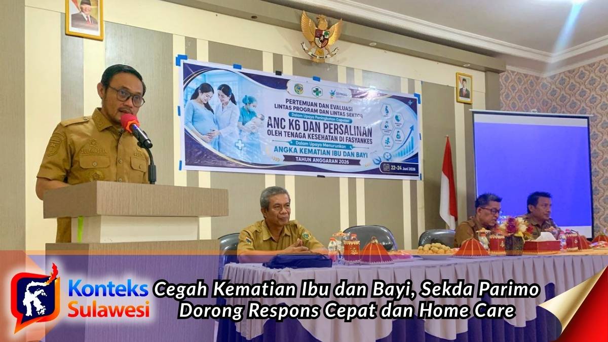 Sekda Parigi Moutong, Zulfinasran, memberikan sambutan saat membuka forum lintas sektor yang membahas upaya peningkatan layanan kesehatan ibu dan bayi serta percepatan penurunan angka kematian ibu dan bayi di Parigi Moutong, Senin (22/6/2026). Foto: Diskominfo Parigi Moutong
