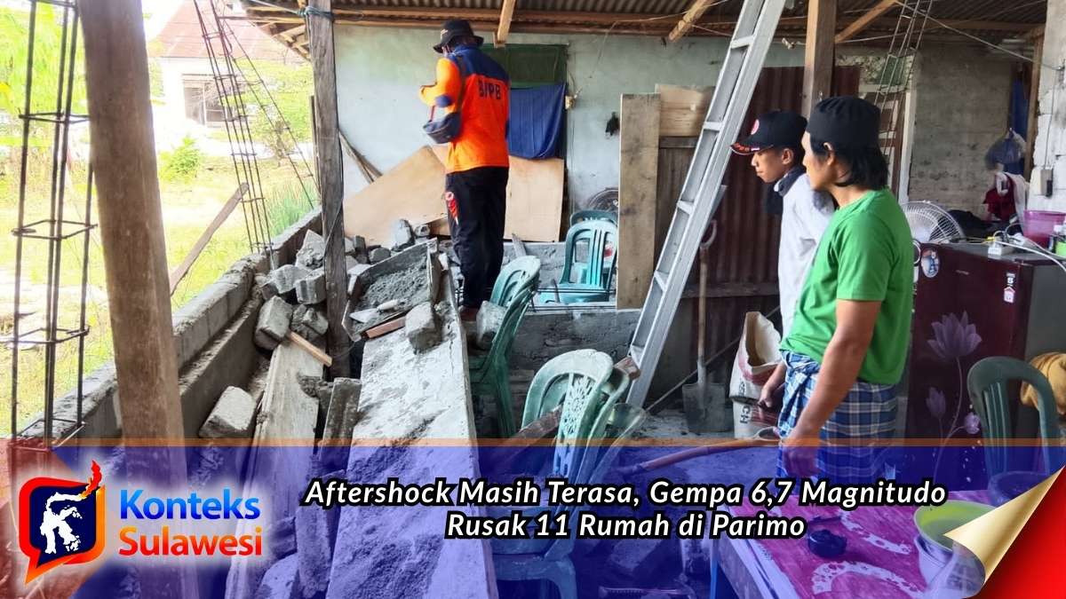 Tim Reaksi Cepat (TRC) BPBD Parigi Moutong melakukan asesmen dan pendataan kerusakan pada salah satu rumah warga di Desa Torue yang terdampak gempa bumi berkekuatan 6,7 magnitudo, Selasa (16/6/2026). Hingga kini, warga masih waspada karena gempa susulan (aftershock) masih terjadi. Foto: Dok. Pusdalops BPBD Parigi Moutong.