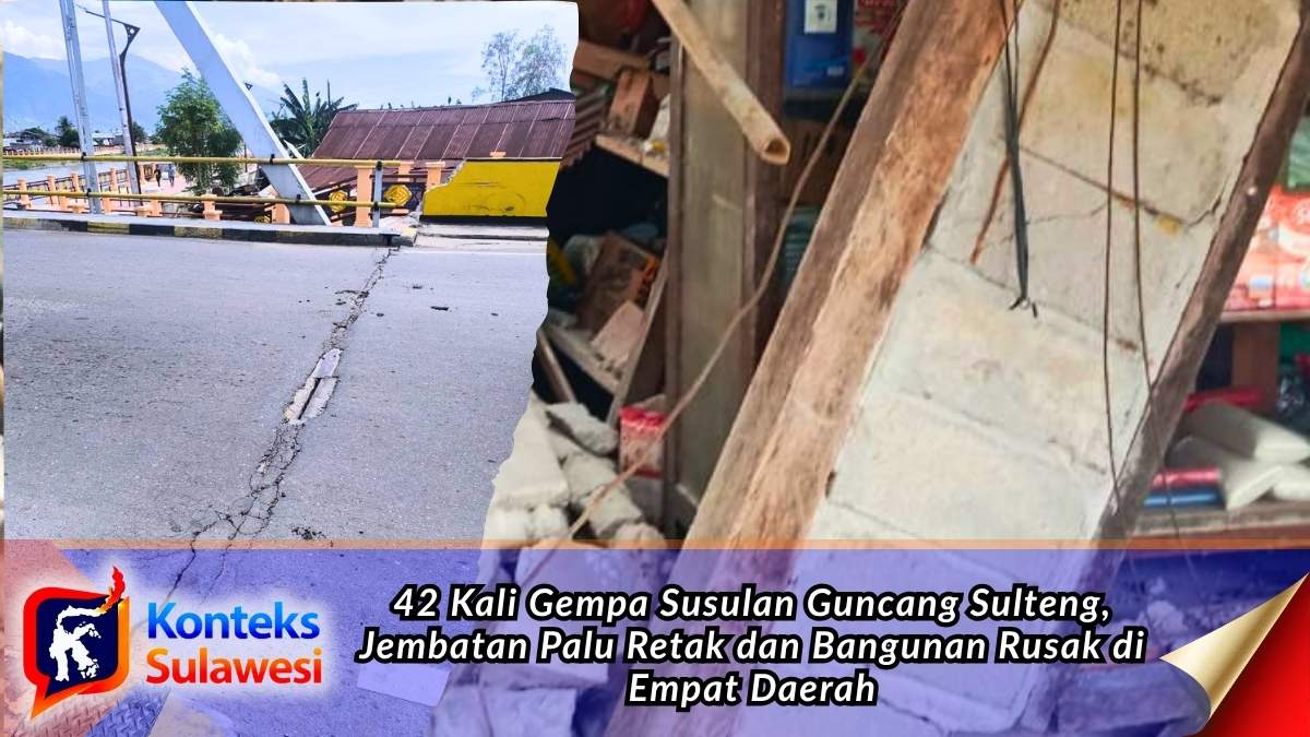 Retakan pada Jembatan III Palu (kiri) dan kerusakan pada salah satu bangunan warga (kanan) akibat gempa bumi berkekuatan 6,7 magnitudo yang mengguncang Sulawesi Tengah, Selasa (16/6/2026). Hingga pukul 13.38 WITA, BPBD mencatat telah terjadi 42 kali gempa susulan yang berdampak di Kota Palu, Kabupaten Sigi, Parigi Moutong, dan Poso. Foto: Dok. BPBD Provinsi Sulawesi Tengah.