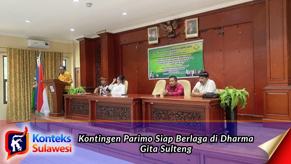Sekretaris Daerah Kabupaten Parigi Moutong, Zulfinasran, mewakili Bupati Parigi Moutong saat melepas kontingen Utsawa Dharma Gita (UDG) XVI yang akan berlaga pada tingkat Provinsi Sulawesi Tengah, di Aula Lantai II Kantor Bupati Parigi Moutong, Kamis (2/7/2026). Pemerintah daerah berharap kontingen mampu mengharumkan nama Parigi Moutong dengan menjunjung tinggi sportivitas dan nilai-nilai keagamaan. Foto: Diskominfo