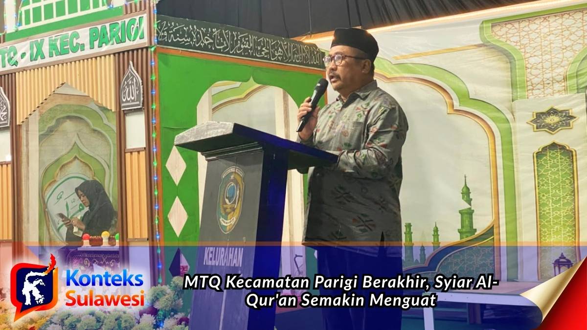 Plt. Kepala Bagian Kesejahteraan Rakyat (Kabag Kesra) Setda Kabupaten Parigi Moutong, Marzuk Hululo, membacakan sambutan Bupati saat menutup Musabaqah Tilawatil Qur'an (MTQ) ke-IX Tingkat Kecamatan Parigi Tahun 2026 di Masjid Darussalam, Kelurahan Loji, Selasa (30/6/2026). Penutupan MTQ menjadi momentum memperkuat syiar Al-Qur'an, membangun generasi Qurani, serta mempererat ukhuwah Islamiyah di Kabupaten Parigi Moutong. Foto: Diskominfo Parimo