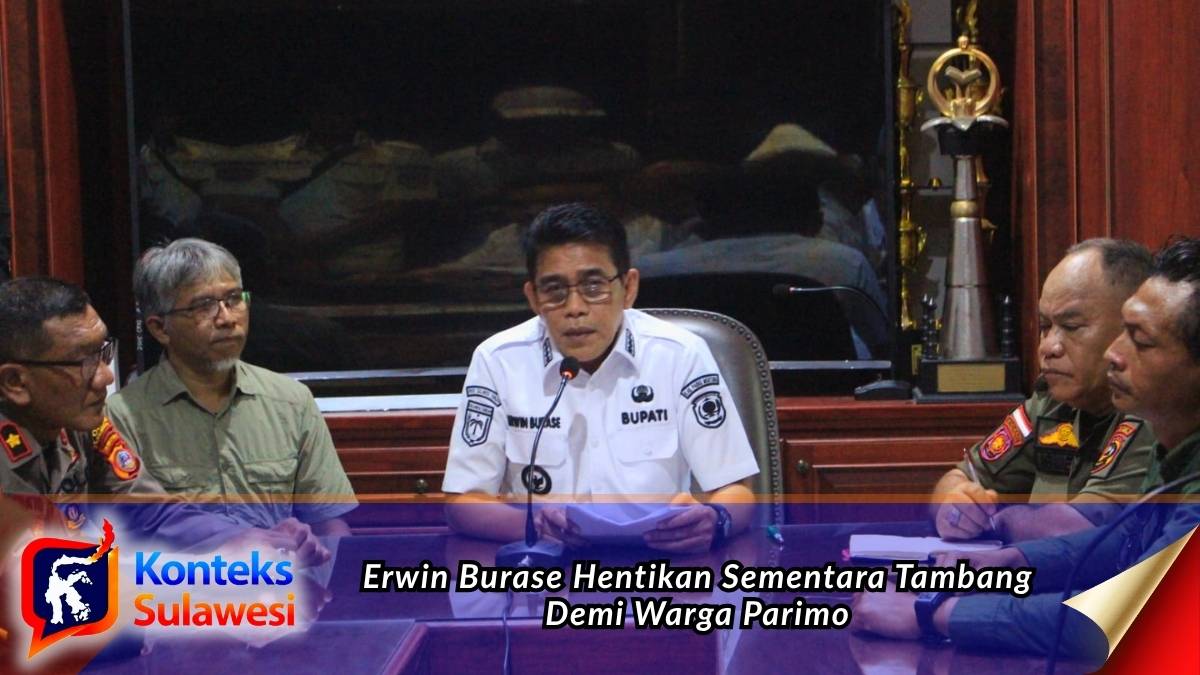 Bupati Parigi Moutong (Parimo), H. Erwin Burase, memimpin rapat bersama Forkopimda, DPRD, OPD teknis, dan perwakilan masyarakat untuk membahas dampak aktivitas pertambangan di Desa Air Panas. Dalam pertemuan tersebut, pemerintah daerah memutuskan penghentian sementara aktivitas pertambangan sambil melakukan pendataan kerusakan dan evaluasi dampak lingkungan. Foto: Diskominfo Parigi Moutong.