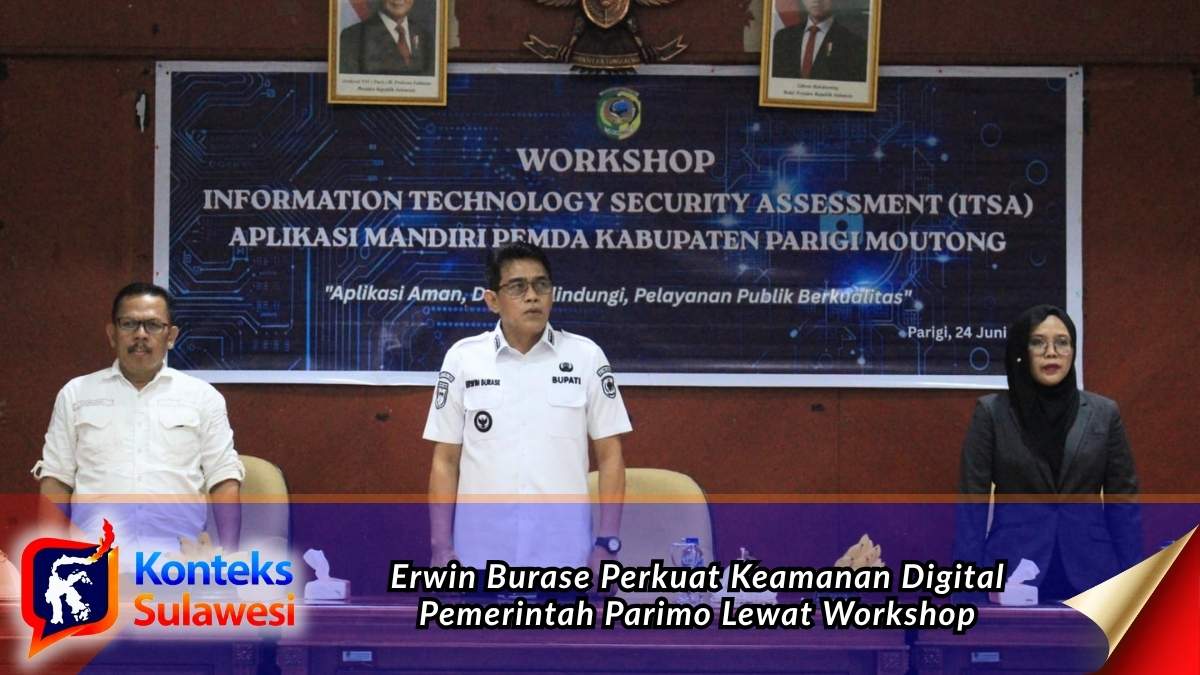 Bupati Parigi Moutong (Parimo), H. Erwin Burase, membuka Workshop Information Technology Security Assessment (ITSA) Aplikasi Mandiri Pemerintah Daerah Tahun 2026 di Lantai II Kantor Bupati. Kegiatan ini bertujuan memperkuat keamanan sistem elektronik, melindungi data pemerintah, serta mendukung pelayanan publik yang aman, andal, dan berkualitas. Foto: Diskominfo Parigi Moutong.