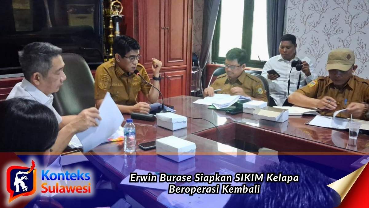 Bupati Parigi Moutong, H. Erwin Burase, memimpin rapat bersama jajaran OPD dan perwakilan PT Berkah Maju Global membahas rencana pengoperasian kembali SIKIM Kelapa Terpadu di Desa Avolua. Foto: Diskominfo