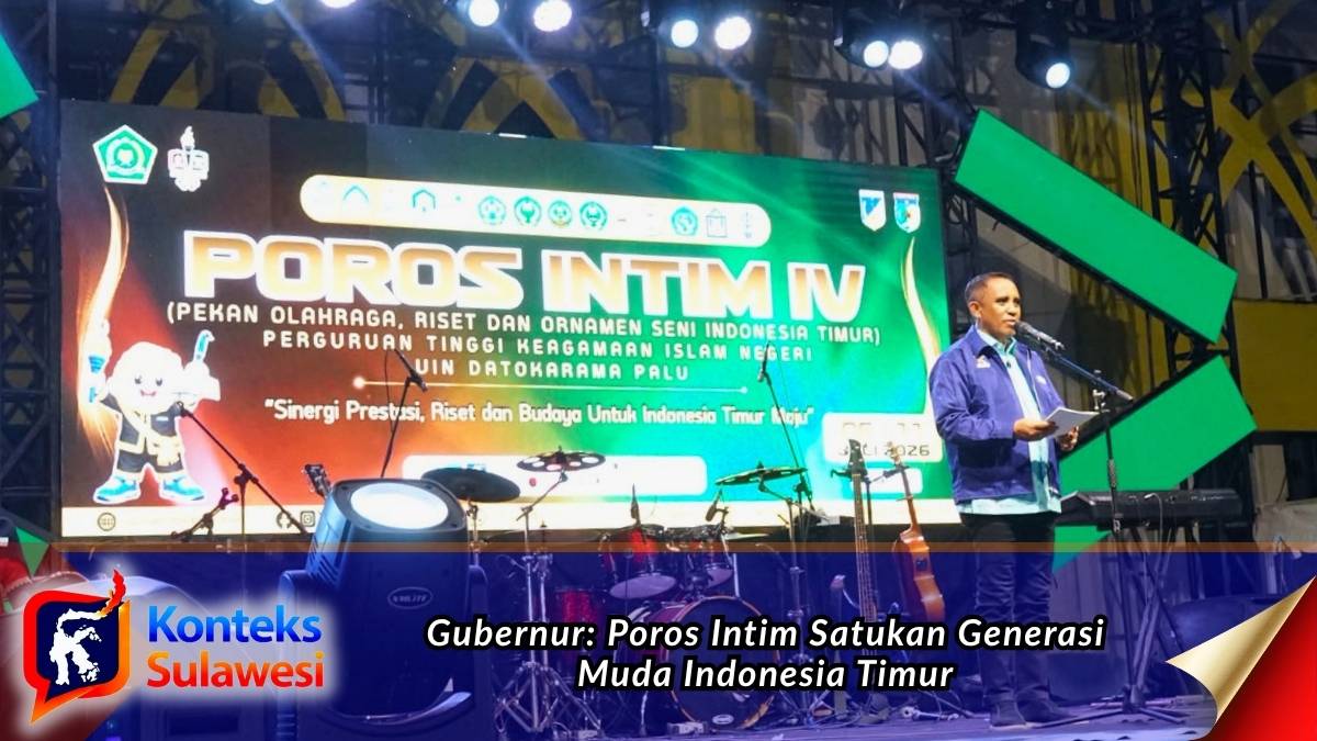 Gubernur Sulawesi Tengah, Anwar Hafid, menyampaikan sambutan saat membuka Pekan Olahraga, Riset, dan Ornamen Seni se-Indonesia Timur (Poros Intim) IV Tahun 2026 di UIN Datokarama Palu. Kegiatan yang diikuti sekitar 500 mahasiswa PTKIN se-Indonesia Timur ini menjadi ajang memperkuat persaudaraan, kolaborasi, serta pengembangan prestasi, riset, dan seni generasi muda. Foto: Humas UIN Datokarama.