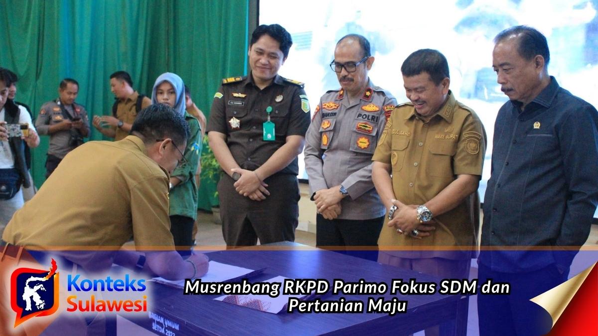 Wakil Bupati Parigi Moutong (Parimo), H. Abdul Sahid, bersama unsur Forkopimda dan pemangku kepentingan menyaksikan penandatanganan berita acara pada Musyawarah Perencanaan Pembangunan Daerah (Musrenbang) RKPD Kabupaten Parigi Moutong Tahun 2027 di Aula Lantai II Kantor Bupati, Senin (30/3/2026). Foto: Diskominfo Parigi Moutong.