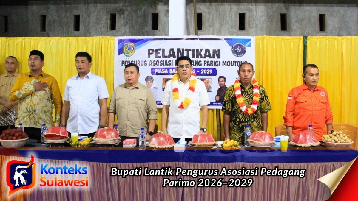 Bupati Parigi Moutong H. Erwin Burase menghadiri sekaligus melantik Pengurus Asosiasi Pedagang Parigi Moutong Periode 2026–2029 sebagai upaya memperkuat sinergi pemerintah dan pelaku usaha dalam mendorong pertumbuhan ekonomi daerah. Foto: Diskominfo Parigi Moutong.