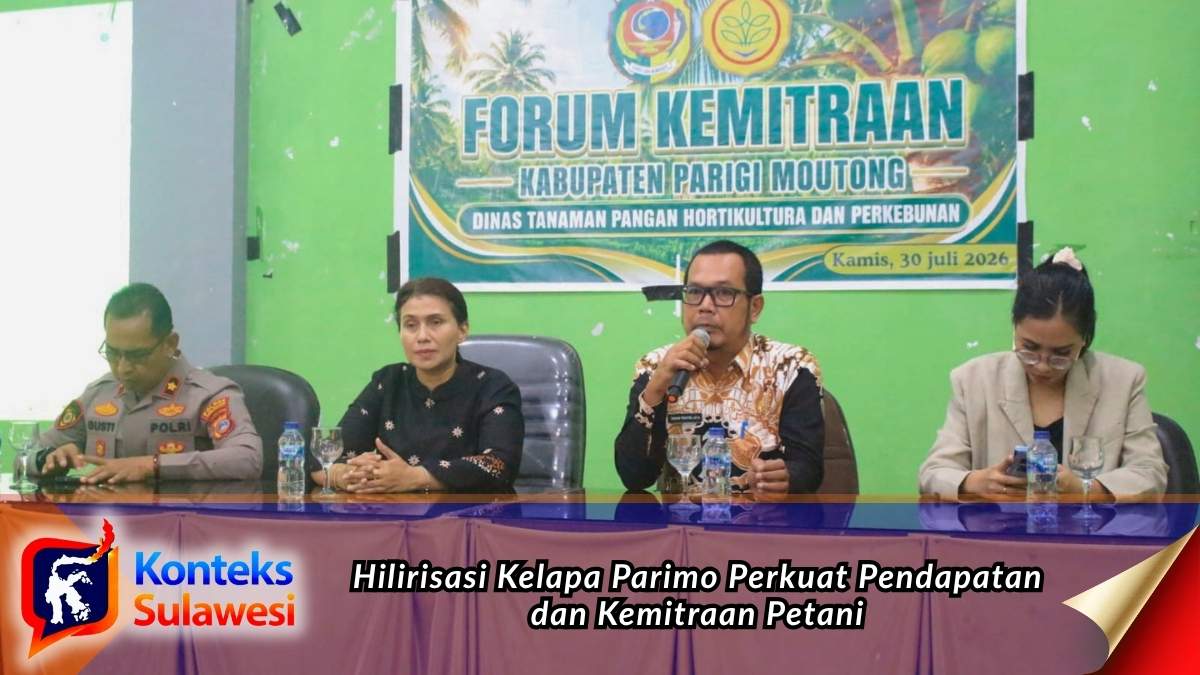 Forum Kemitraan Hilirisasi Kelapa Dalam Tahun 2026 yang digelar Dinas Tanaman Pangan, Hortikultura, dan Perkebunan (TPHP) Kabupaten Parigi Moutong di Desa Dolago Padang, Kecamatan Parigi Selatan, membahas penguatan kemitraan usaha, hilirisasi komoditas kelapa, serta peningkatan kesejahteraan petani melalui akses permodalan dan pemasaran. Foto: Diskominfo Parigi Moutong.
