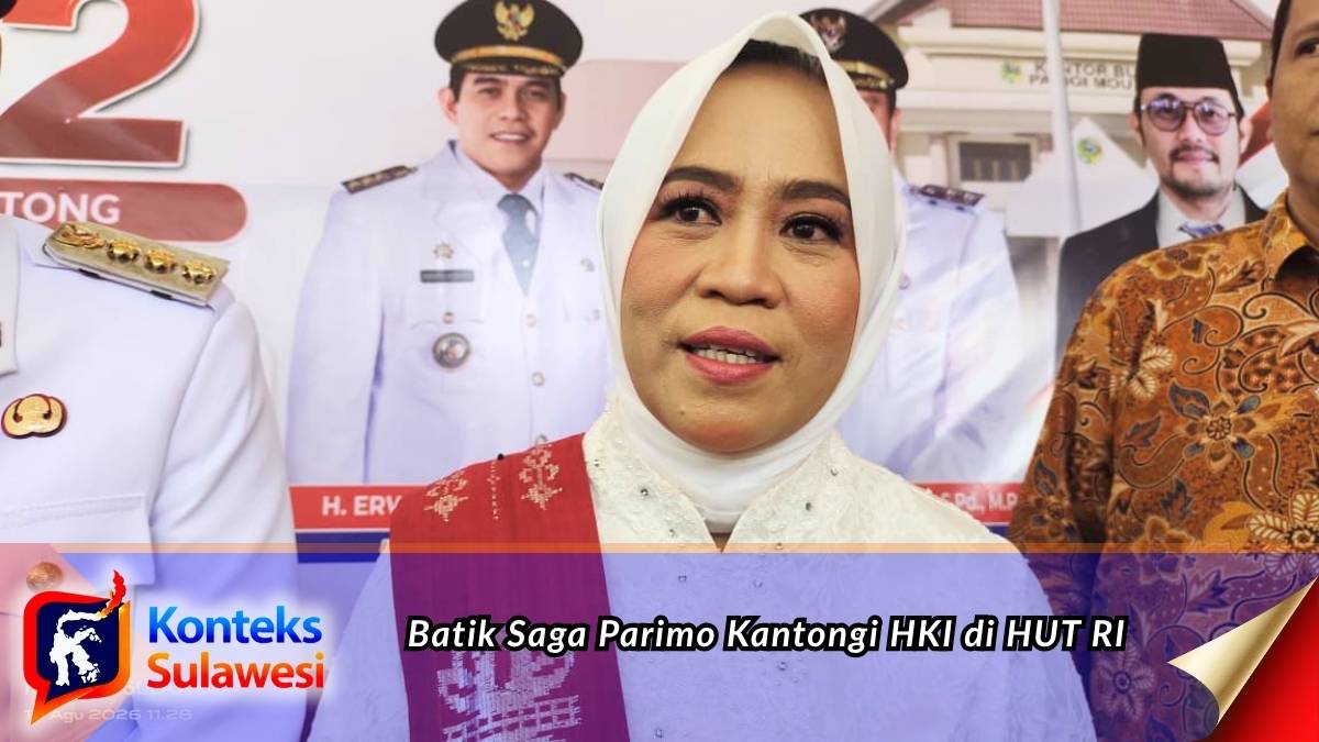 Ketua Tim Penggerak PKK Kabupaten Parigi Moutong, Hj. Hestiwati Nanga, saat menyampaikan keterangan terkait penerimaan HKI motif Batik Saga dalam momentum HUT ke-81 Kemerdekaan Republik Indonesia. Foto: Tommy Noho.