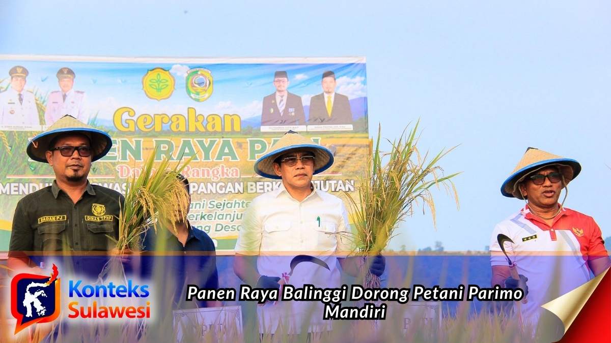 Bupati Parigi Moutong H. Erwin Burase bersama jajaran pemerintah daerah dan penyuluh pertanian menunjukkan hasil panen padi dalam Gerakan Panen Raya di Desa Suli Indah, Kecamatan Balinggi. Foto: Diskominfo Parigi Moutong.
