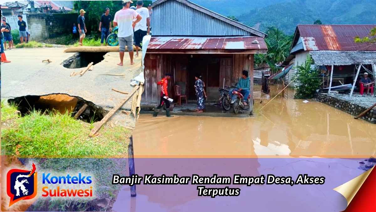 Banjir merendam sejumlah wilayah permukiman di Kecamatan Kasimbar, Kabupaten Parigi Moutong, setelah hujan berintensitas tinggi menyebabkan sungai meluap. Akses Jalan Trans Sulawesi juga terganggu akibat material longsor. Foto: Dokumentasi BPBD Parigi Moutong.