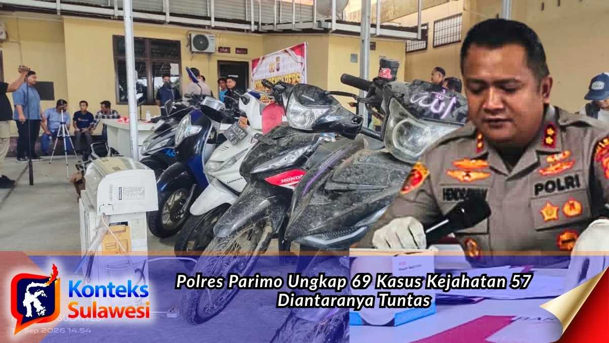 Kapolres Parigi Moutong AKBP Dr. Hendrawan Agustian Nugraha saat menyampaikan pengungkapan 69 kasus tindak pidana sepanjang 2026 dalam konferensi pers di Mako Polres Parigi Moutong. Foto: Tommy Noho.
