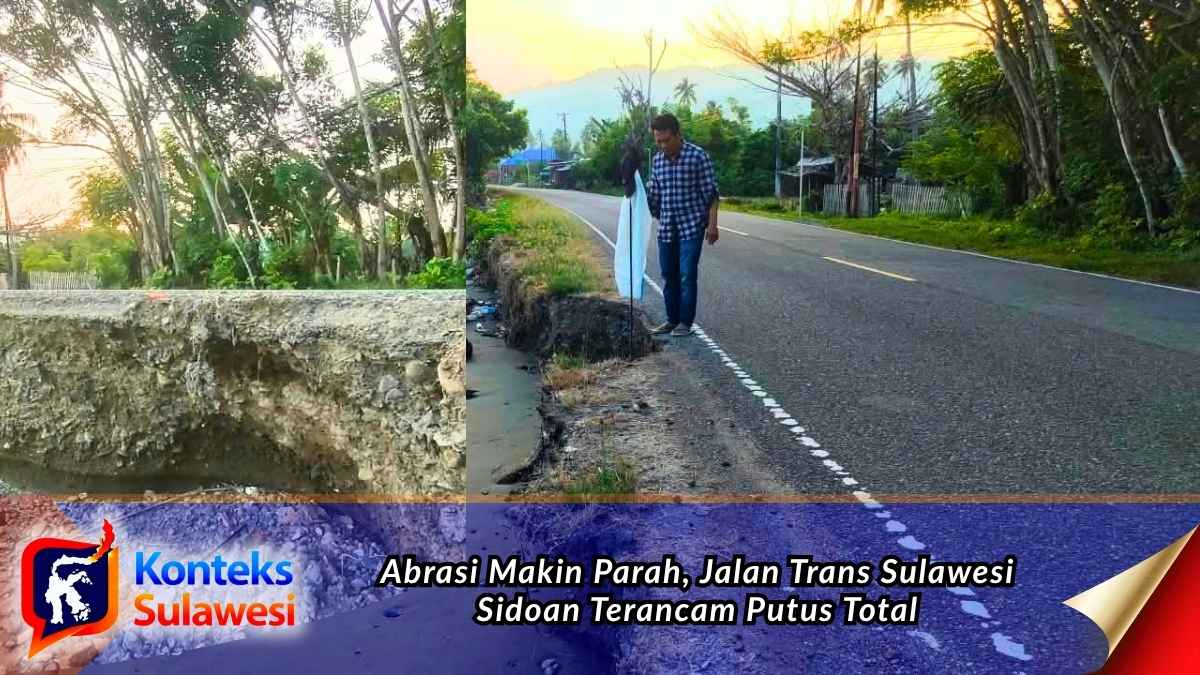 Kondisi badan Jalan Trans Sulawesi di Desa Sidoan Timur, Kecamatan Sidoan, tergerus abrasi hingga amblas dan mengancam keselamatan pengguna jalan. Foto: Tommy Noho