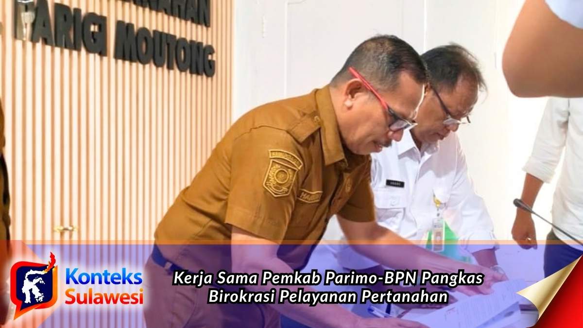 Kepala BPN Parigi Moutong Anang Romdloni R, A.Ptnh., M.H., bersama Plt. Kepala Dinas Kominfo Parigi Moutong Hairudin, S.Sos., M.I.Kom., dan Kepala Bapenda Parigi Moutong Mohammad Yasir, S.E., M.M., saat penandatanganan Perjanjian Kerja Sama (PKS) terkait transformasi pelayanan publik bidang pertanahan dan tata ruang, Selasa (6/10/2026). Foto: Diskominfo Parigi Moutong.