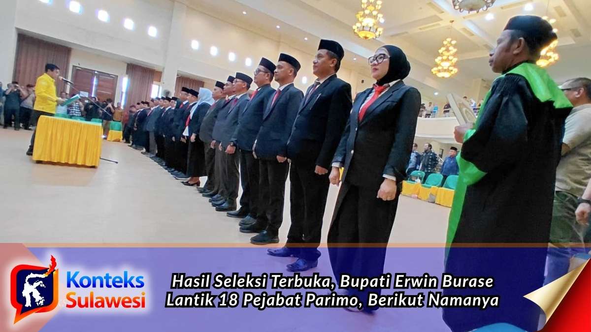 Bupati Parigi Moutong, Erwin Burase, saat memimpin prosesi pelantikan dan pengambilan sumpah jabatan 18 pejabat pimpinan tinggi pratama di lingkungan Pemerintah Kabupaten Parigi Moutong (Parimo), Sulawesi Tengah (Sulteng), Kamis (15/10/2026). Para pejabat tersebut dilantik untuk mengisi sejumlah jabatan strategis di lingkungan pemerintah daerah. Foto: Tommy Noho