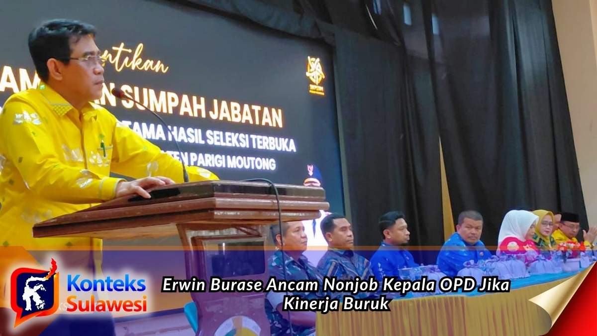 Bupati Parigi Moutong (Parimo), Erwin Burase, saat memberikan arahan tegas kepada 18 pejabat pimpinan tinggi pratama yang baru dilantik, Kamis (15/10/2026). Ia mengingatkan seluruh kepala OPD agar bekerja maksimal mendukung visi Gerbang Desa dan menegaskan ancaman nonjob bagi pejabat yang berkinerja buruk. Foto: Tommy Noho