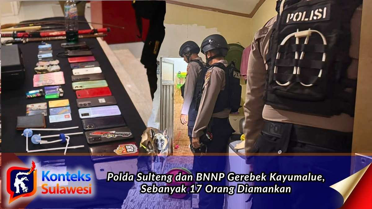 Polda Sulawesi Tengah bersama BNNP menggelar operasi pemberantasan narkotika di kawasan Kayumalue, Kota Palu. Dalam operasi tersebut, petugas mengamankan 17 orang terduga dan menyita sejumlah barang bukti, termasuk senjata tajam serta barang yang diduga berkaitan dengan penyalahgunaan narkotika. Foto: Humas Polda Sulteng