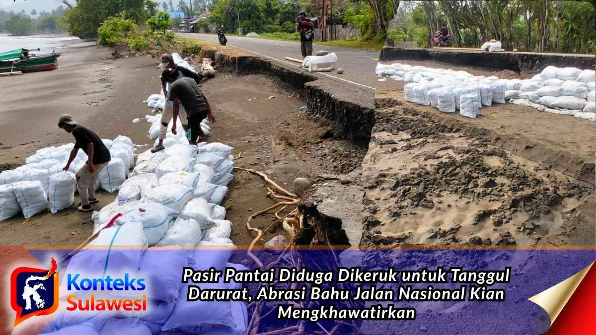 Pekerja mengisi karung dengan pasir yang diduga dikeruk dari pantai untuk membangun tanggul darurat penahan ombak di Desa Sidoan Timur, Kecamatan Sidoan, Parigi Moutong. Foto: Tommy Noho