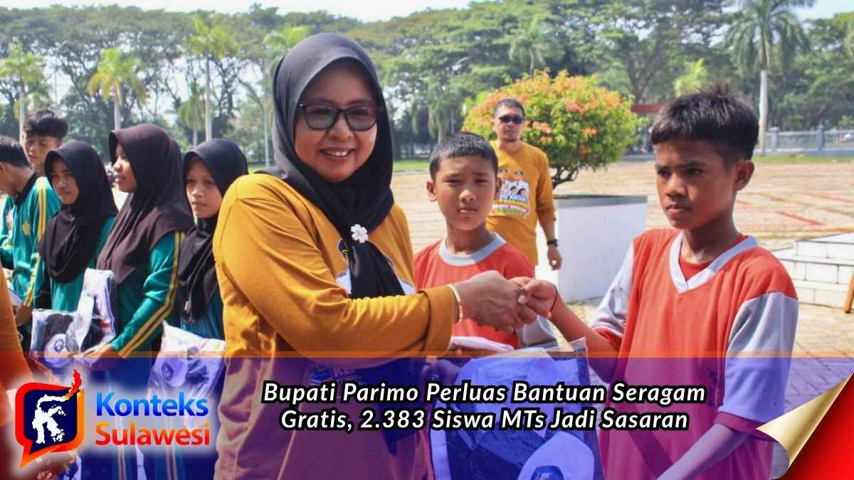 Bupati Parigi Moutong H. Erwin Burase dan Kepala Dinas Pendidikan dan Kebudayaan Sunarti menyerahkan secara simbolis bantuan seragam sekolah gratis bagi murid baru Madrasah Tsanawiyah (MTs) Tahun Ajaran 2026–2027, sekaligus menyerahkan bantuan mobil dapur lapangan dan masker dari BNPB kepada BPBD untuk memperkuat kesiapsiagaan bencana. Foto: Diskominfo Parigi Moutong.
