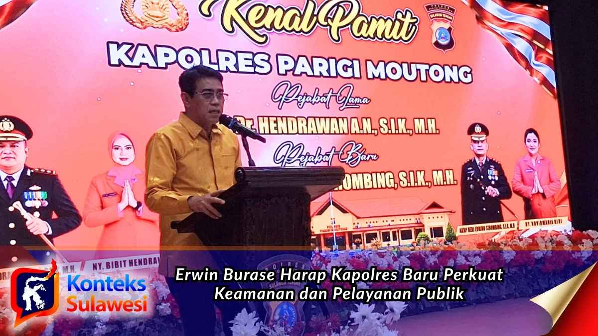 Bupati Parigi Moutong, H. Erwin Burase, menghadiri acara kenal pamit Kapolres Parigi Moutong dari AKBP Hendrawan Agustia Nugraha kepada AKBP Heri Edrino Sihombing di Auditorium Kantor Bupati, Selasa malam (20/10/2026). Foto: Diskominfo Parigi Moutong.