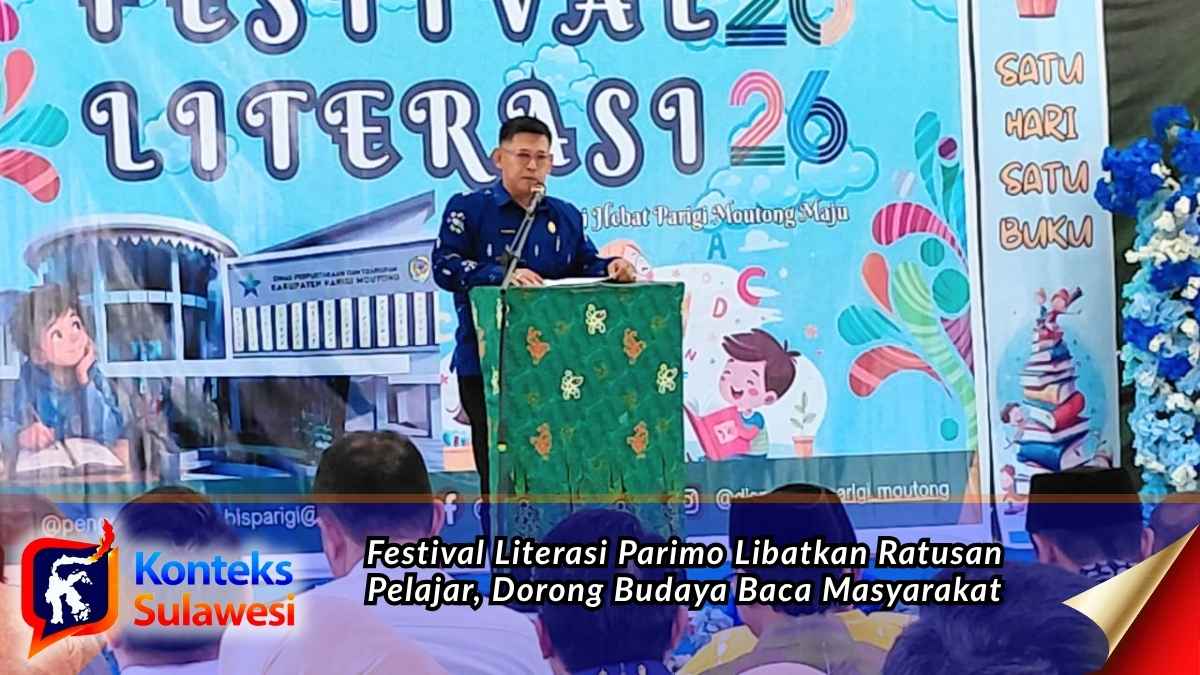 Kepala Dinas Perpustakaan dan Kearsipan Kabupaten Parigi Moutong, Samsu Najamuddin, S.Pd., menyampaikan laporan panitia pada pembukaan Festival Literasi bertema “Literasi Hebat, Parigi Moutong Maju” di halaman kantor dinas, Rabu (28/10/2026). Foto: Konteks Sulawesi.