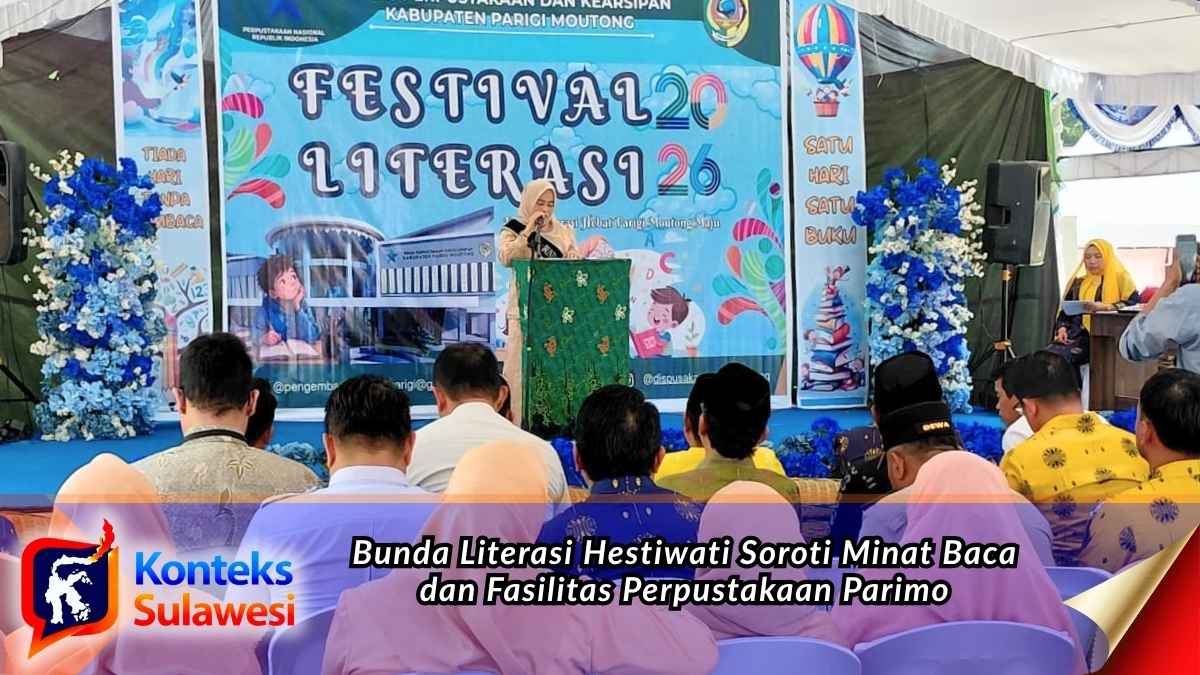 Bunda Literasi Kabupaten Parigi Moutong, Hestiwati Nanga, menyampaikan pandangan dan masukan terkait peningkatan minat baca, pembenahan fasilitas perpustakaan, serta penguatan program literasi bagi generasi muda dalam Festival Literasi Parigi Moutong 2026, Rabu (28/10/2026). Foto: Konteks Sulawesi.
