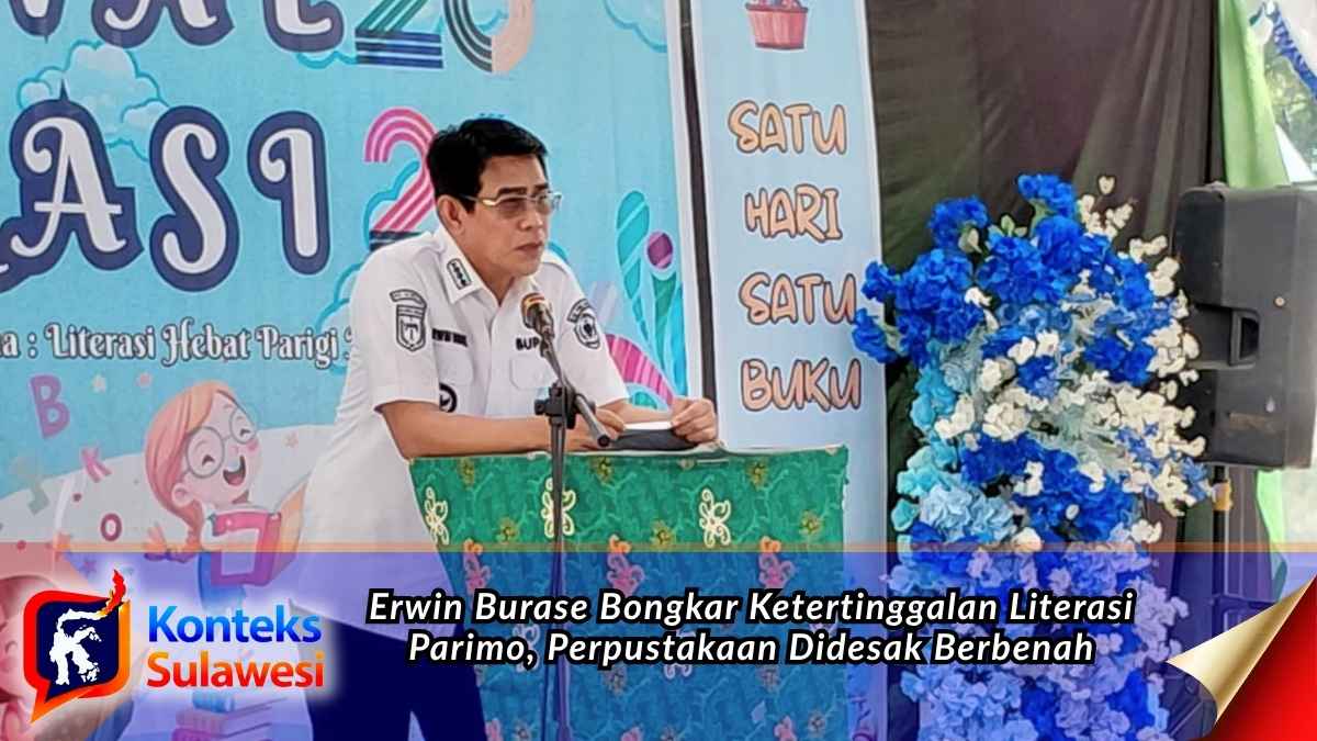 Bupati Parigi Moutong, Erwin Burase, membuka Festival Literasi 2026 sekaligus menyoroti capaian literasi daerah dan mendorong pembenahan fasilitas perpustakaan untuk meningkatkan minat baca masyarakat, di halaman Kantor Dinas Perpustakaan dan Kearsipan, Rabu (28/10/2026). Foto: Konteks Sulawesi.